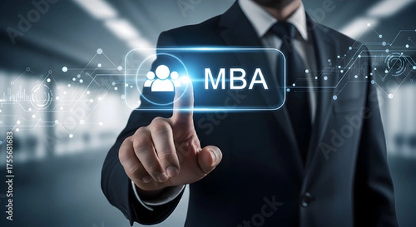 Fototapeta MBA Program Business Education Concept — Hand Activating Holographic MBA Badge Above Tablet for Executive Learning, Management Training and Graduate Business Studies