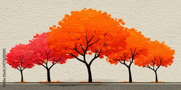Fototapeta Vibrant Watercolor Row of Autumn Trees with Red and Orange Foliage on Textured Background