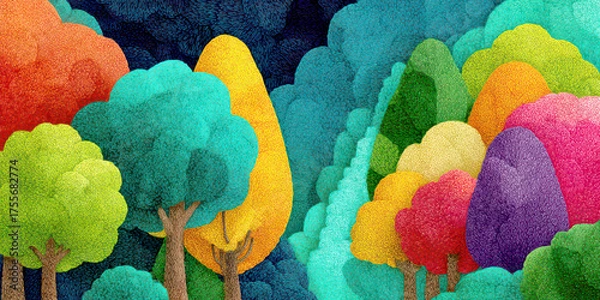 Fototapeta Textured Abstract Forest Landscape with Vivid and Diverse Colorful Foliage Trees