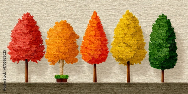 Fototapeta Row of Five Textured Autumn Trees with Red Orange Yellow and Green Foliage Art