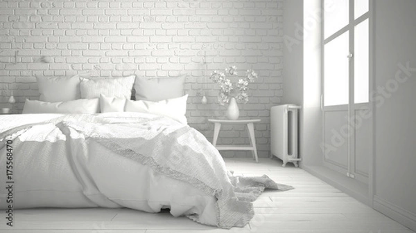 Fototapeta Total white project of modern bedroom with cozy double bed, brick wall, wooden floor and big window, scandinavian minimalist architecture interior design, close-up