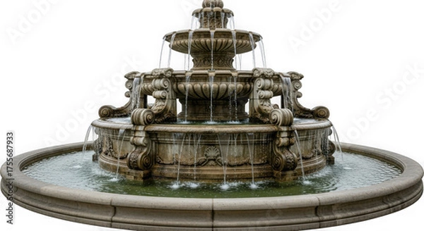 Fototapeta 3d ornate stone fountain with cascading water isolated on transparent background