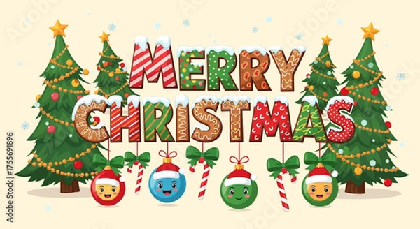Fototapeta Playful and festive “Merry Christmas” lettering design with Christmas trees, ornaments, candy canes, and snowflakes. A colorful and joyful illustration ideal for greeting cards, posters, invitations.