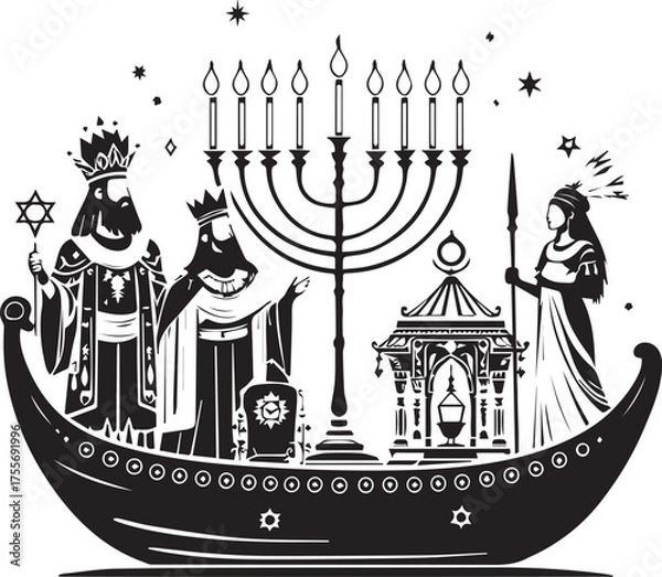 Fototapeta Symbolic boat vector illustration with menorah, Star of David, regal figures, and classical elements