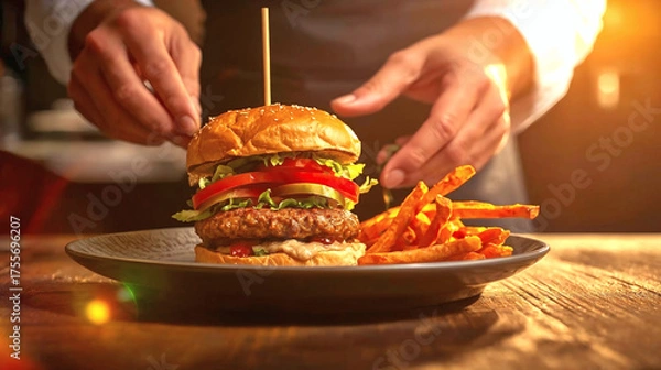 Fototapeta Gourmet Vegan Burger Perfection Chef's Hands Plating a Vibrant Plant-Based Meal with Sweet Potato Fries in Rustic Kitchen