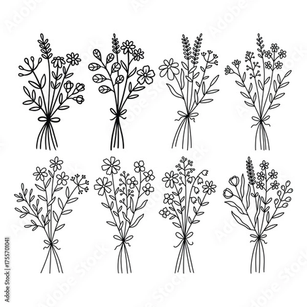 Fototapeta Wildflower Bouquet Line Art, Minimal Botanical Flower Bundle Vector Illustration