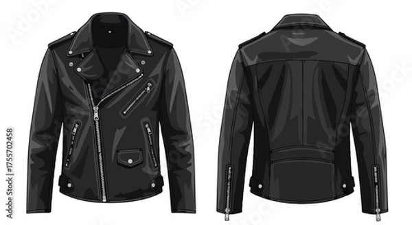 Fototapeta Illustrative portrayal of a classic black leather biker jacket, showcasing front and back perspectives, perfect for fashion or design presentations,