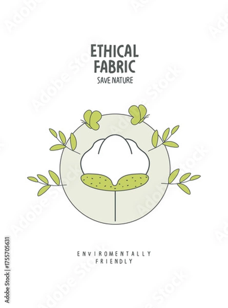 Obraz Vector sketch of Ethical fabric hand drawn sign with green leaves. Environmentally friendly planet illustration. Concept of recycling, fair trade, eco friendly fabric.