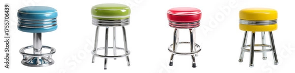 Fototapeta Colorful retro bar stools in blue green red yellow modern design on transparent background