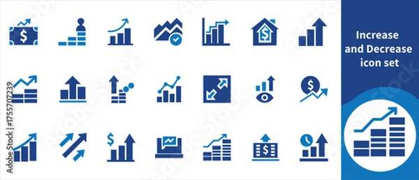 Obraz Icon set increase and decrease, outline, United States, dollar, USD, white, cash, investment, collection, higher, banking, dollar, button, flat, cost, sale, decrease, money, increase and more