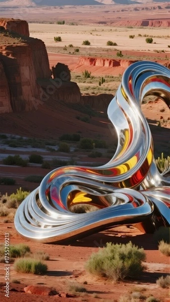 Obraz Abstract metallic sculpture in a desert landscape with red rock formations and sparse vegetation
