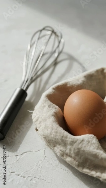 Obraz A single brown egg rests in a cloth-lined nest beside a metal whisk on a textured white surface.