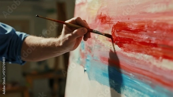 Obraz Artist applying red paint with a brush on a canvas in a studio setting