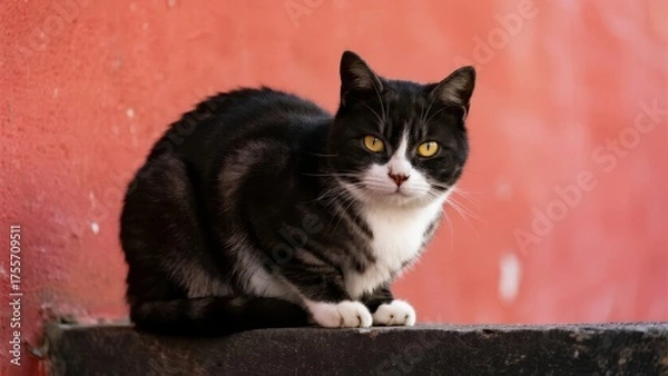 Obraz Black and white cat with yellow eyes sitting on a ledge against a red wall