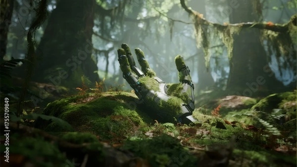 Obraz A moss-covered hand emerging from the forest floor in a misty, overgrown woodland.