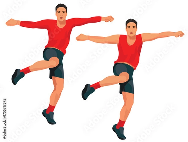 Fototapeta Two figures of an Indonesian man in front, who jumps over an obstacle during a steeplechase in a red seasonal uniform