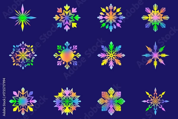 Fototapeta A collection of colorful gradient snowflakes on a dark blue background, perfect for modern Christmas graphics, winter decor, and holiday digital art.