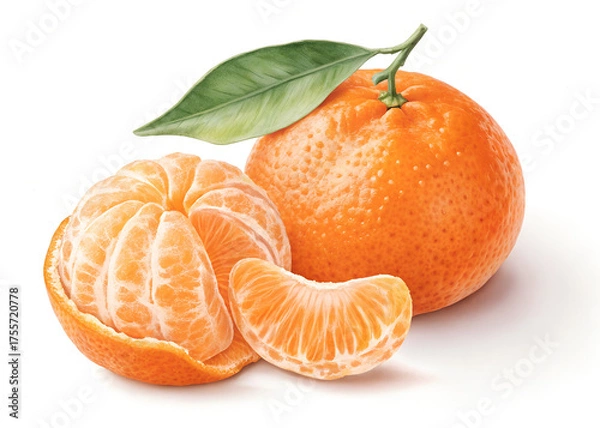 Fototapeta Fresh Whole and Peeled Tangerine with Segments and Leaf – Juicy Citrus Fruit
