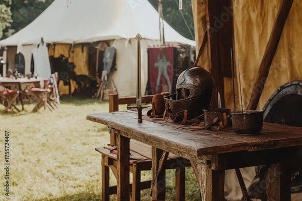 Obraz A medieval iron knight's armor for battle features several key elements, including a helmet, spaulders, pouldrons, vambraces, and gauntlets