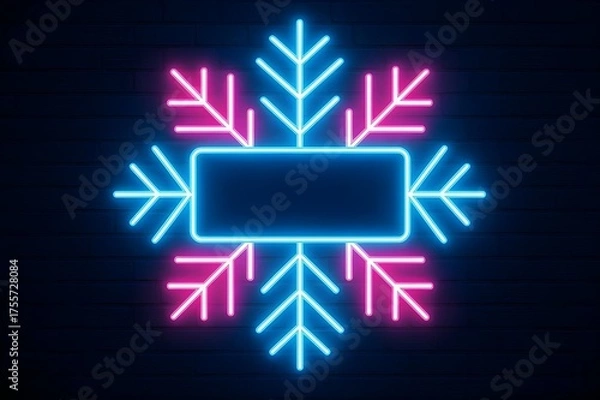 Fototapeta Blue and pink neon snowflake frame with blank copy space center.