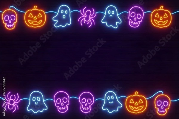 Fototapeta Halloween party neon lights framing the top and bottom edges, leaving clean copy space in the middle.