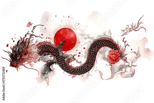 Obraz Asian Dragon with Red Sun and Ink Splashes – Traditional Ink Illustration with Symbolic Elements.