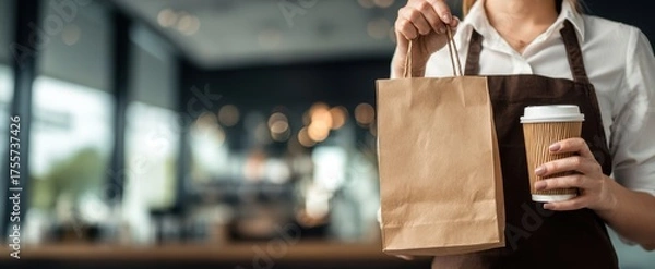 Obraz The barista holding a paper bag and takeaway coffee cup in cozy cafe
