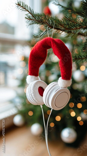 Fototapeta christmas music concept with santa headphones hanging from xmas tree