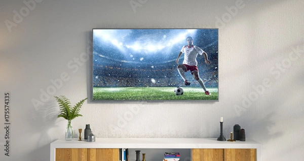 Obraz 3D illustration of a living room led tv on white wall showing soccer game moment .