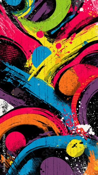 Fototapeta Vibrant and dynamic graffiti background with abstract shapes and bold colors, featuring splashes of blue, yellow, pink, and green. energetic design creates lively atmosphere