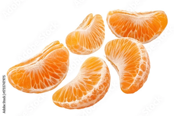 Obraz Four peeled tangerine or mandarin orange segments falling in mid-air, isolated on a transparent PNG background. Fresh citrus fruit slices perfect for food design, juice packaging, healthy diet concept
