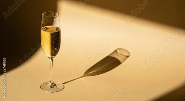 Fototapeta A sparkling champagne flute casts a delicate shadow on a smooth, beige surface, mockup elegant and minimalist visual composition.