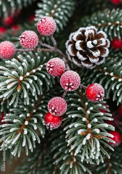 Fototapeta Frost-covered evergreen branches adorned with vibrant red berries and a pine cone, mockup festive winter scene.