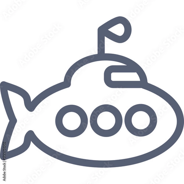 Fototapeta Simple Line Art Icon of a Blue Submarine with Three Circular Windows and a Periscope on a Transparent Background
