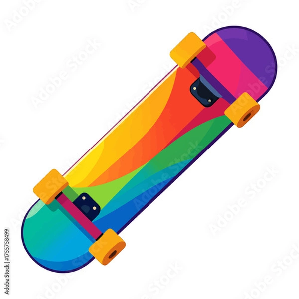Fototapeta Colorful Skateboard with Rainbow Pattern and Yellow Wheels on a White Background Close Up Shot.