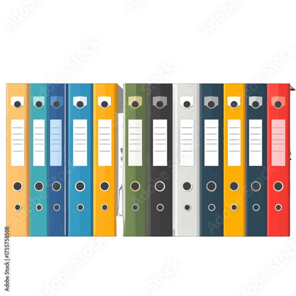 Fototapeta Colorful Binders Arranged in a Row for Organization and Documentation in White Background