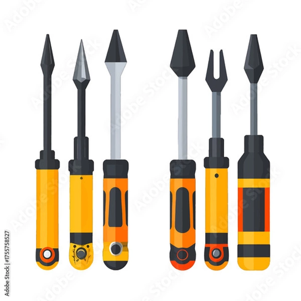 Fototapeta Arrangement of Orange and Gray Handled Screwdrivers on White Background