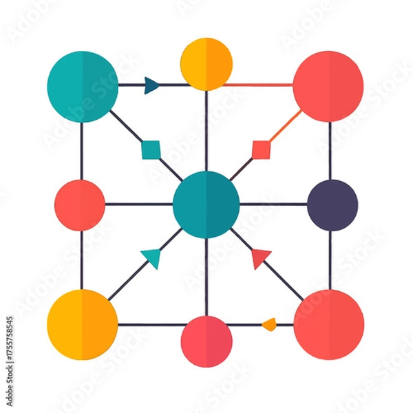 Fototapeta Abstract Geometric Structure with Spheres Squares and Arrows Connected by Lines in a Cube Shape on White Background