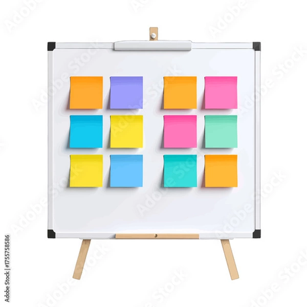 Fototapeta Whiteboard with Colorful Sticky Notes Attached for Planning and Brainstorming Session Isolated on White Background For Office Workspace