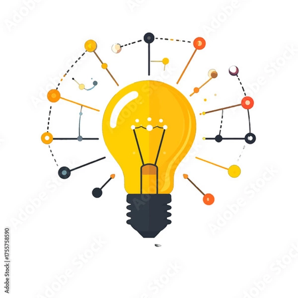 Fototapeta Glowing Yellow Lightbulb Surrounded by Orange Connected Dots on White Background