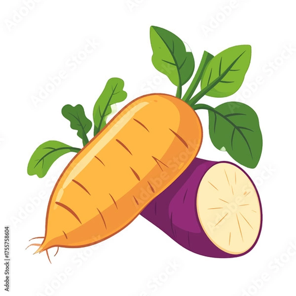 Fototapeta Digital Pixel Art of Orange and Purple Root Vegetables with Green Leaves on a White Background