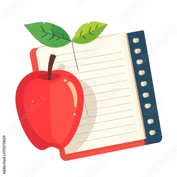 Fototapeta Vibrant Red Apple Next to a Notebook on White Background Illustration