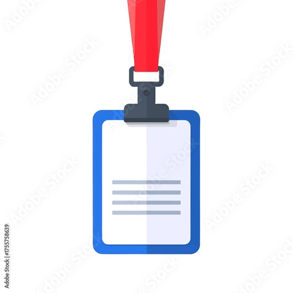 Fototapeta Badge with Red Lanyard and Blue Frame Against White Background Minimalist Design
