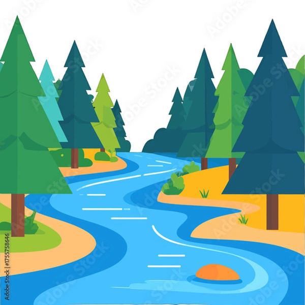 Fototapeta Stylized River Flowing Through a Forest of Green Coniferous Trees Flat Design