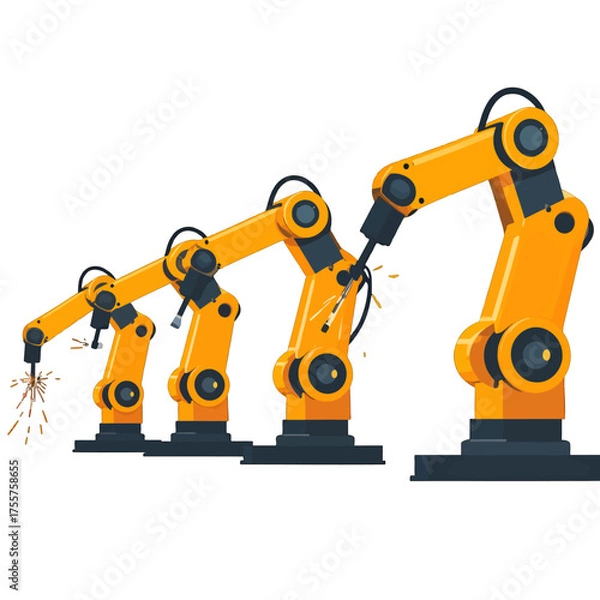 Fototapeta Illustration of Four Identical Yellow Robotic Arms Welding in a Row on an Isolated White Background
