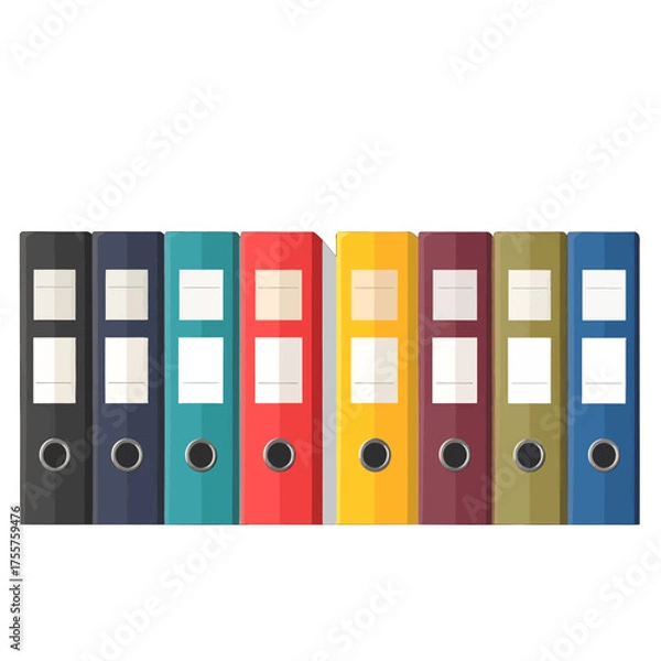 Fototapeta Colorful File Folders Arranged in Row with Black Blue Turquoise Red Yellow Purple Green Binders on White Background