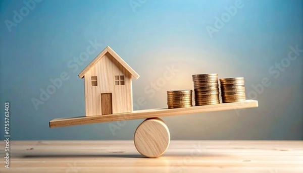Fototapeta Wooden house model on balanced scale with uneven coin stacks, blue background