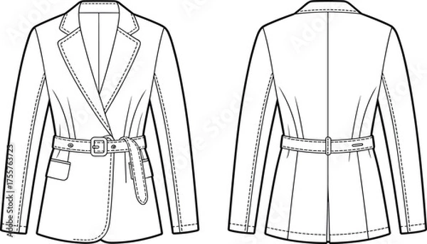 Obraz Women belted blazer fashion CAD, tailored jacket technical flat sketch, vector illustration, front and back view, apparel design template, garment construction drawing