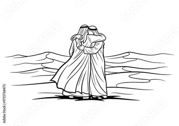 Fototapeta Two Arab Men Hugging in Desert Line Art Vector Illustration