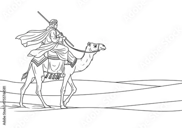 Fototapeta Bedouin Rider on Camel Crossing Desert Line Art Vector Illustration